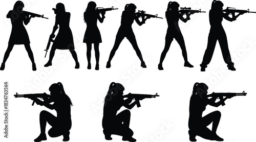 Military Woman Silhouette Vector Set of Female Shooter Holding Assault Rifle in Combat Poses