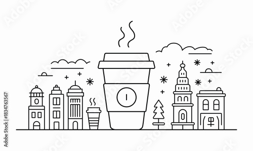 Coffee Cup Cityscape Illustration Featuring Minimalist Buildings and Coffee to Go Design
