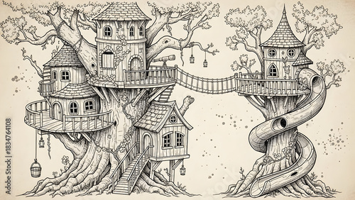 Vintage fantasy tree house sketch, hand-drawn ink illustration, beige background