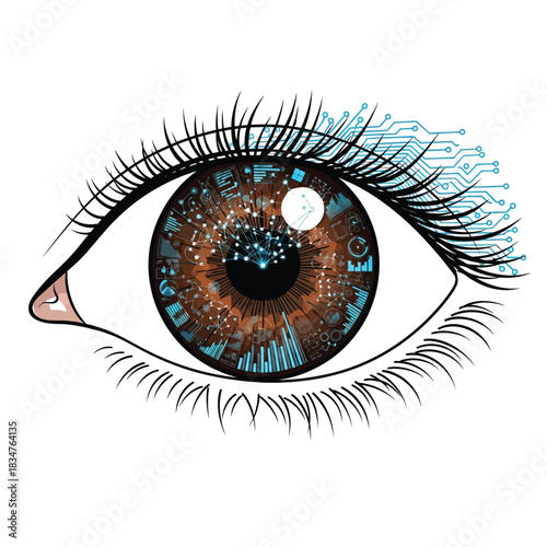 A futuristic bionic eye with a digital iris interface, representing advanced cybernetic vision, data processing, and artificial intelligence