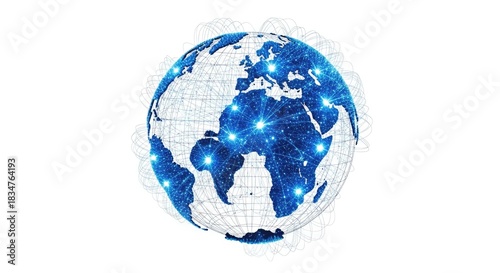 A blue and white globe with glowing lights and a map of the world.