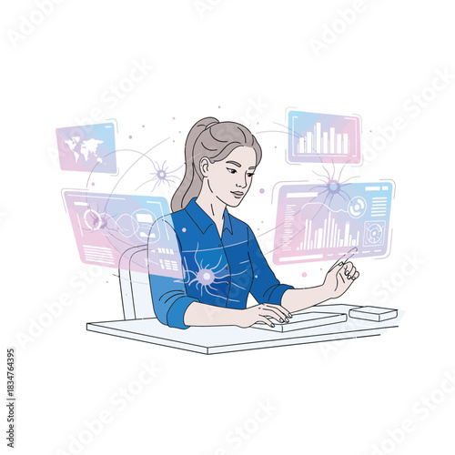 Modern professional woman analyzing digital data, optimizing business strategies and enhancing productivity with technology and insightful information management
