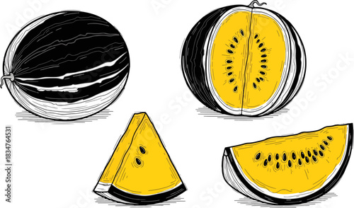 Yellow Kiwi Fruit Whole and Sliced with Bright Colors and Artistic Style