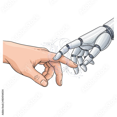 The future of humanity and artificial intelligence as a human and robot hand connect in a modern technological renaissance