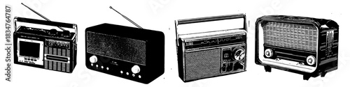 Set Radio Black and White Silhouette Vector Ideal for audio, broadcast, music, news, and vintage media graphics. Symbolizes sound, simple broadcast, and analog device.