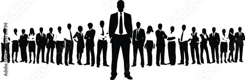Business leader silhouette standing in front of a diverse corporate team, professional men and women representing collaboration, success, and management concept, isolated vector graphics.