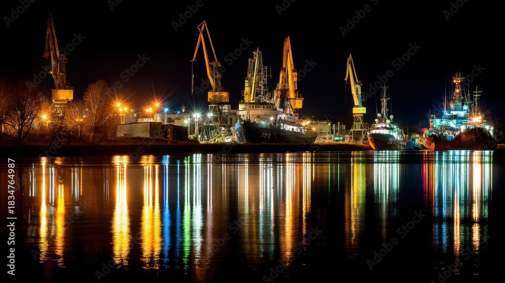 Obraz premium Nighttime Port Scene with Cranes and Reflections on Water, Illuminated Vessels in Active Maritime Environment