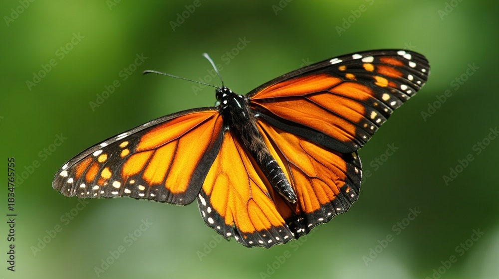 Fototapeta premium metamorphosis. Monarch butterfly mid-flight with vibrant orange and black wings against green foliage. wildlife magazines, conservation campaigns, designed for nature documentaries and education.