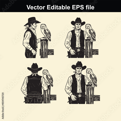 vector editable eps file featuring four different views of a cowboy character standing next to an owl perched on a wooden fence post, presented in black and white outline style