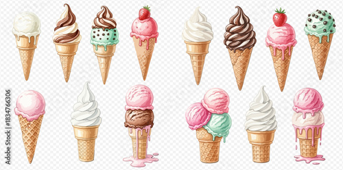 A vibrant collection of various ice cream cones with different flavors and toppings.