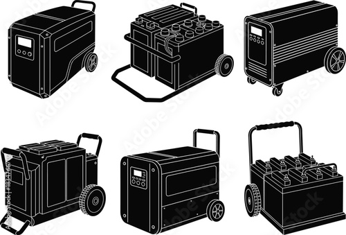 Flat vector illustration of portable battery generators, power stations, wheeled energy units, control panels, backup systems