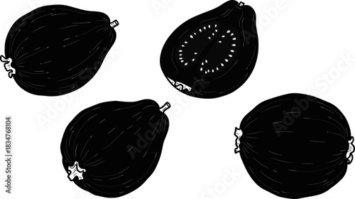 Fresh Whole and Sliced Figs in Black and White Line Art