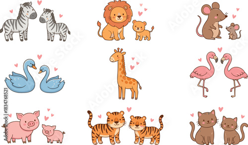 Cute animal parent-baby pairs illustration set featuring safari, farm, and bird families with hearts, perfect for children’s designs and educational projects