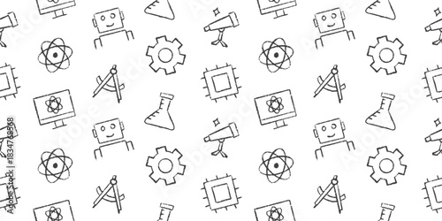 Ultimate seamless vector doodle patterns collection. Hand-drawn outline background set with STEM, science, education, technology, math, and daily life icons. Minimal for web, fabric, packaging