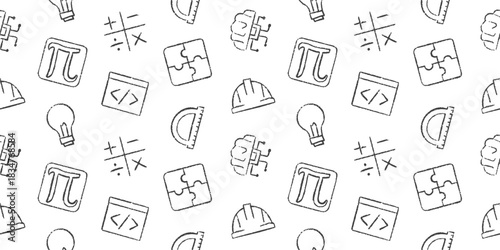 Seamless pattern set of hand-drawn vector doodle icons for STEM education. Minimal, outline repeating background with math, science, engineering, and technology symbols. Perfect for students, learning