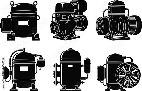 Industrial compressor silhouettes, HVAC and refrigeration units, mechanical gas compression icons, engineering components, flat vector set