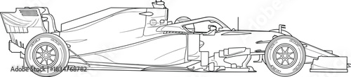 Detailed line art illustration of a modern Formula racing car showcasing aerodynamic design, sleek bodywork, motorsport engineering, and high-speed performance features
