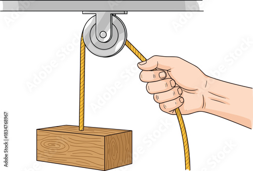 Illustration of a hand pulling a rope on a simple pulley system to lift a wooden block, demonstrating basic mechanical advantage principles