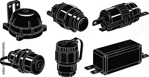 Industrial connector silhouettes, mechanical enclosures, mounting hardware designs, electrical housing units, secure system casings - flat vector