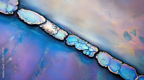 implicit. Macro of brazed metal seam with iridescent blue and purple oxidation. safety posters, maintenance manuals, designed for industrial assembly lines and welding operations, supports safety.