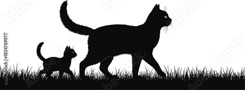 Simple silhouette of a mother cat walking alongside her kitten depicting a tender moment of companionship and family bond in a minimalist style