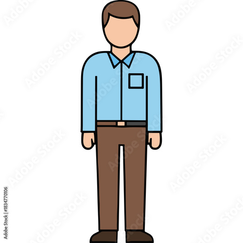 Full Body Portrait Of A Faceless Man In Light Blue Button Down Shirt And Brown Pants Standing Against A Solid Black Background Simple Flat Illustration Style.