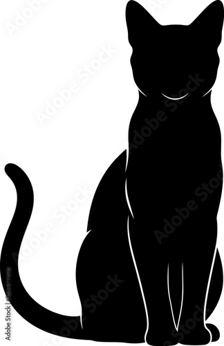 Minimalist black cat silhouette sitting upright with a long elegant tail on a clean white background perfect for graphic design projects