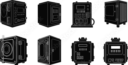 Industrial equipment enclosure silhouette set, rugged control housing design, electronic panel interface, flat vector