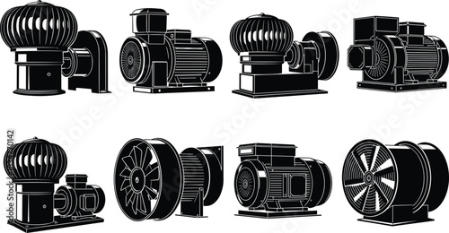 Industrial fan and electric motor silhouette set, HVAC components, mechanical icons, black design, flat vector