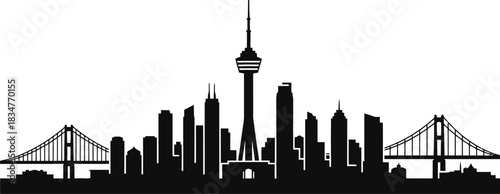 Urban cityscape silhouette featuring a prominent landmark tower and a connecting bridge rendered in a clean simple vector graphic style for diverse design applications