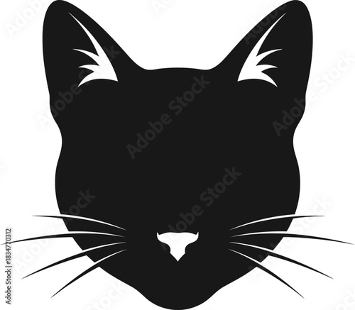 Simplified minimalist black cat head silhouette with pointed ears and subtle whiskers perfect for pet branding and animal themed designs