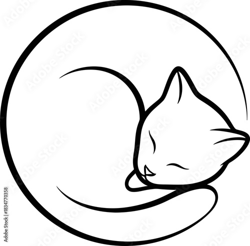 Charming illustration of a cat in a curled sleeping pose featuring a smooth rounded form and clean flowing lines for a serene aesthetic