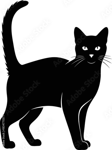 Minimalist vector silhouette of a cat standing alert with its tail raised showcasing clean lines and sharp edges ideal for graphic design projects
