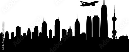 Modern city skyline silhouette with a jet airplane flying high above in a clear blue sky ideal for travel and urban themed advertisements