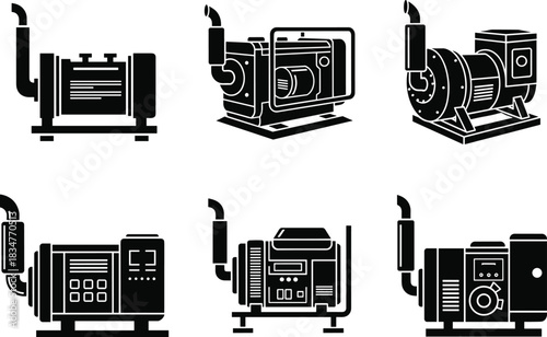 Industrial generator illustration, engine unit designs, exhaust pipes, control panels, mechanical base, flat vector