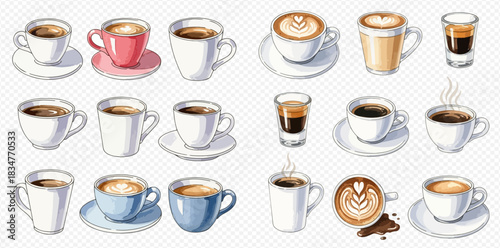 A collection of various coffee cups and mugs, showcasing different types of hot beverages like espresso, cappuccino, and latte, with some featuring steam and latte art.