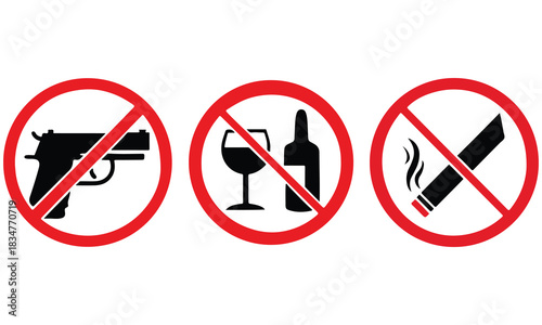 No Guns No Drugs No Smoking No Alcohol Sign – Prohibited Symbol Icons for Safety and Awareness