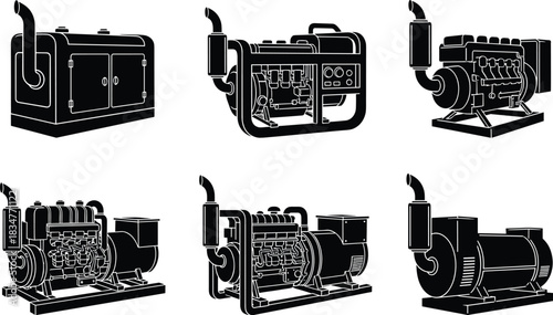 Industrial generator units, power engines, backup energy machines, silhouette designs, commercial electricity sources, engine blocks - flat vector