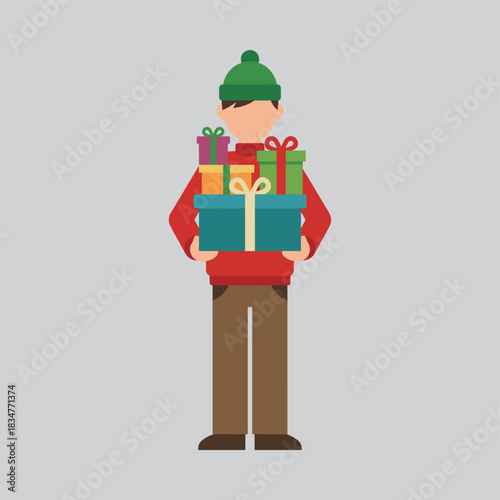 A man in a red sweater and green hat holding several colorful gift boxes, symbolizing festive celebrations.