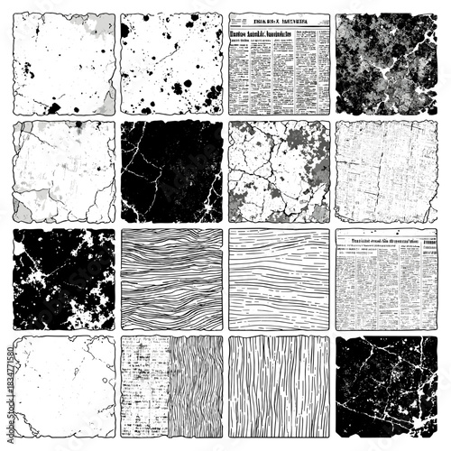 Assortment of black and white textures suitable for various design projects and visual enhancements.