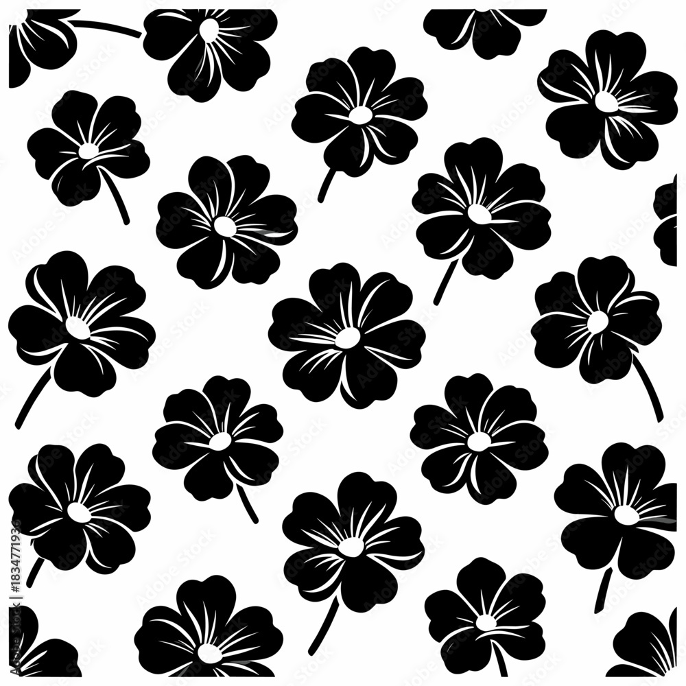 Fototapeta premium Black and white floral pattern featuring various flower shapes and designs for decorative use