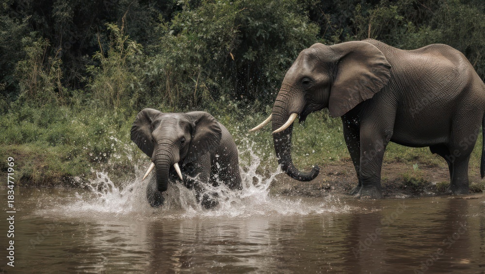 Fototapeta premium Playful Young Elephant Splashes Water Beside Adult in Jungle River.
