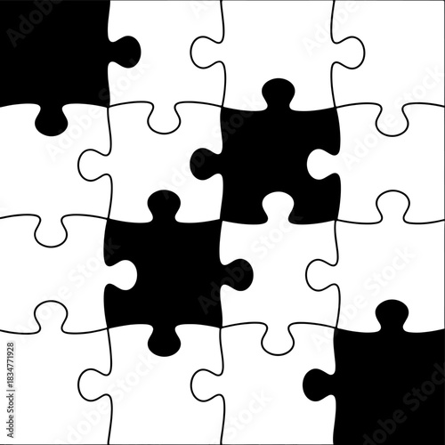 Black and white jigsaw puzzle pieces forming an abstract pattern with missing parts for a creative visual representation.