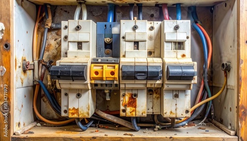 household electrical fuse box blown fuse darkened end tripped breaker home wiring safety inspection failure component plastic residue old installation maintenance risk diagnostic troubleshoot panel