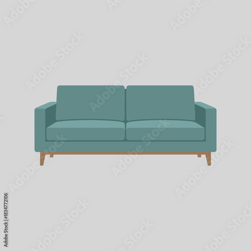A simple teal sofa with wooden legs, suitable for a cozy living room interior setup.