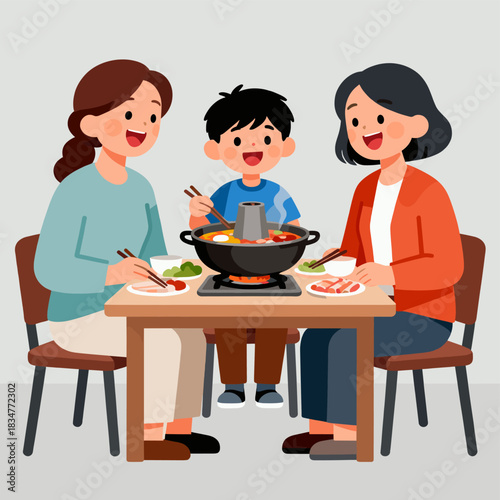 Three individuals are having a meal together with a hot pot, enjoying a delicious and warm dinner.