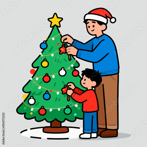 A father and a son are happily decorating a Christmas tree with colorful ornaments.