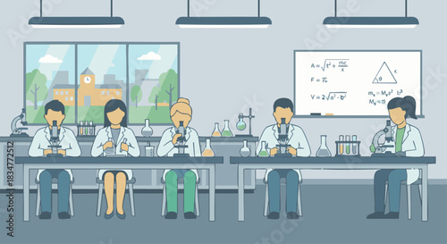 “University science lab scene with students using microscopes, flat clean shapes, minimal equipment details.”