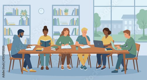 “Students studying together at a long library table, flat vector style, simple bookshelves, calm academic mood.”