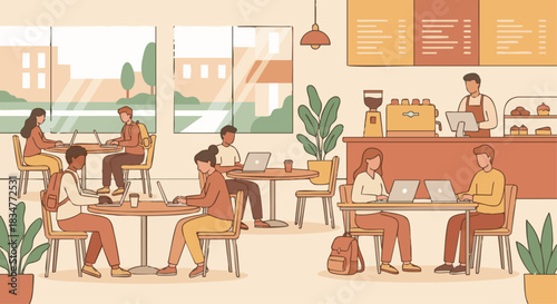 “Flat vector of students working on laptops in a campus café, warm soft tones, simple interior shapes.”